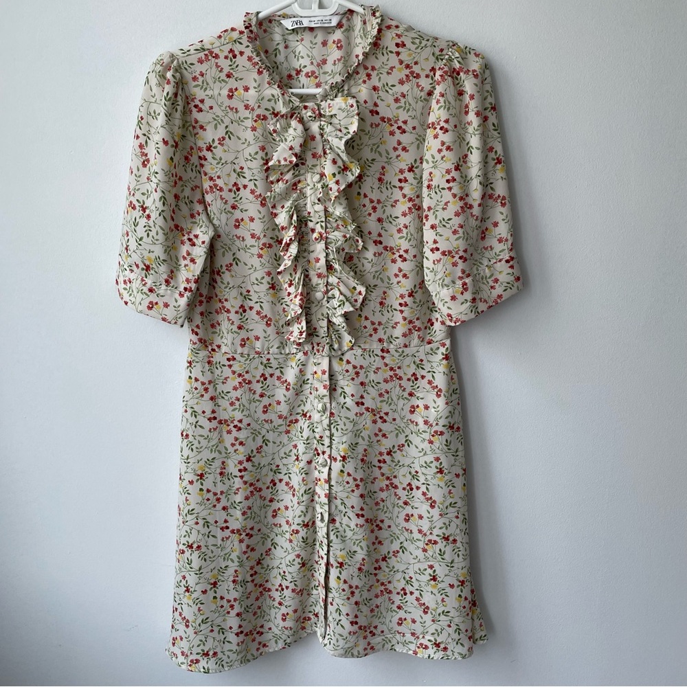 ZARA Semi Sheer Floral Ruffle Mini Dress Size M